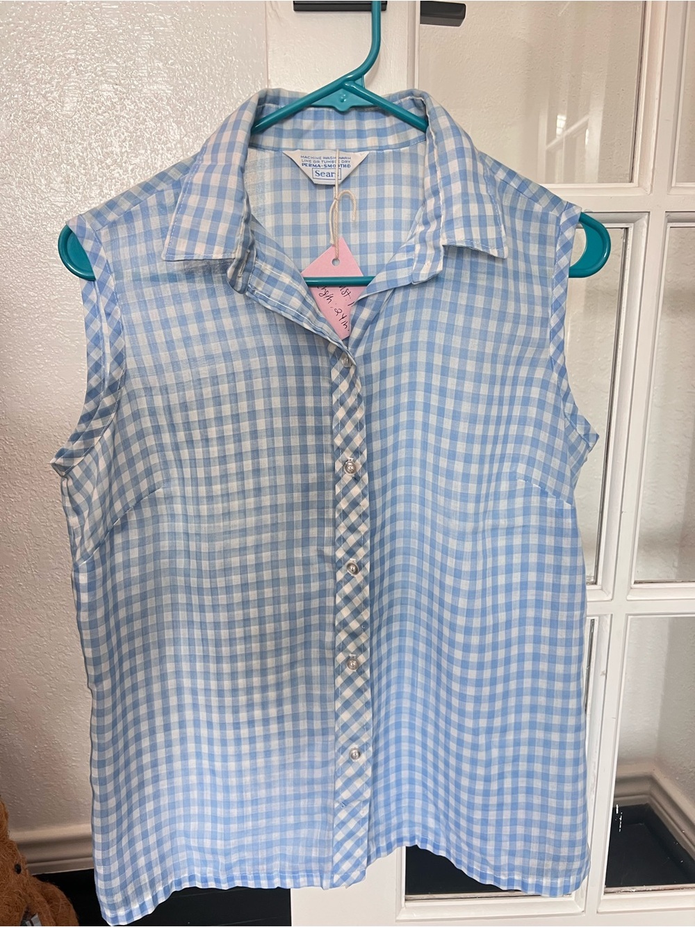 Vintage Sleeveless Light Blue Gingham Button-Front Top